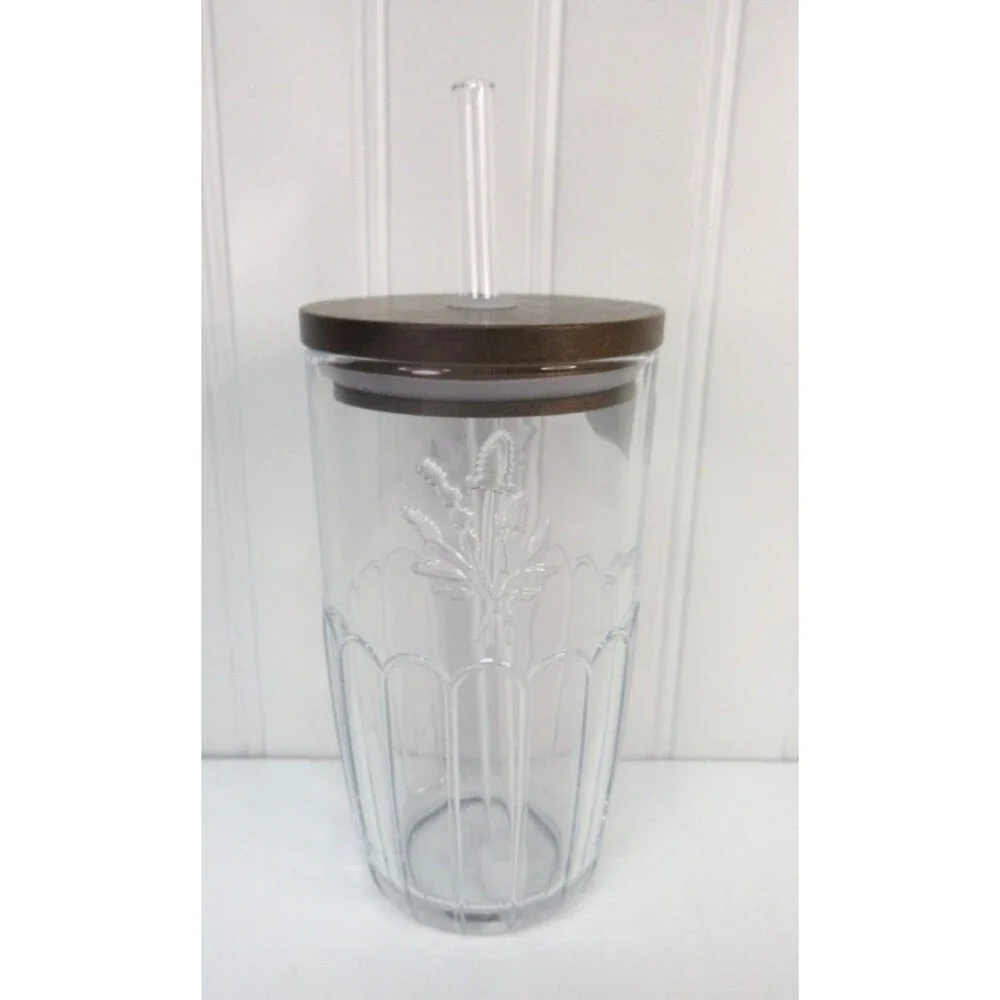 Pioneer Woman Thistle Clear Glass Tumbler Wood Lid 21 oz Floral